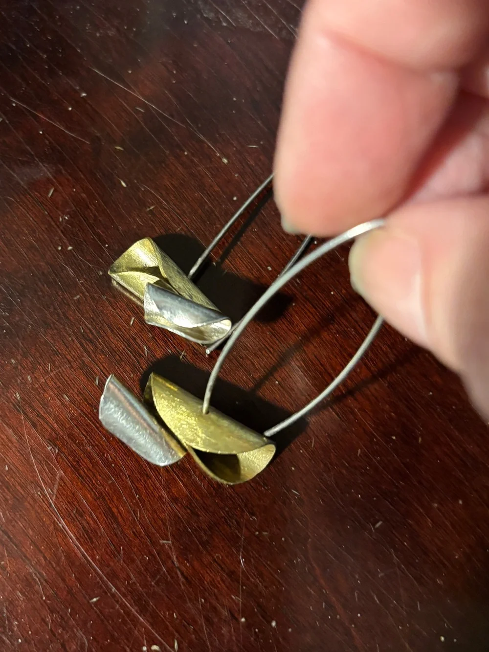Two-Tone Gold & Silver Colored Metal Drop Earrings - Handmade Sculptural Design